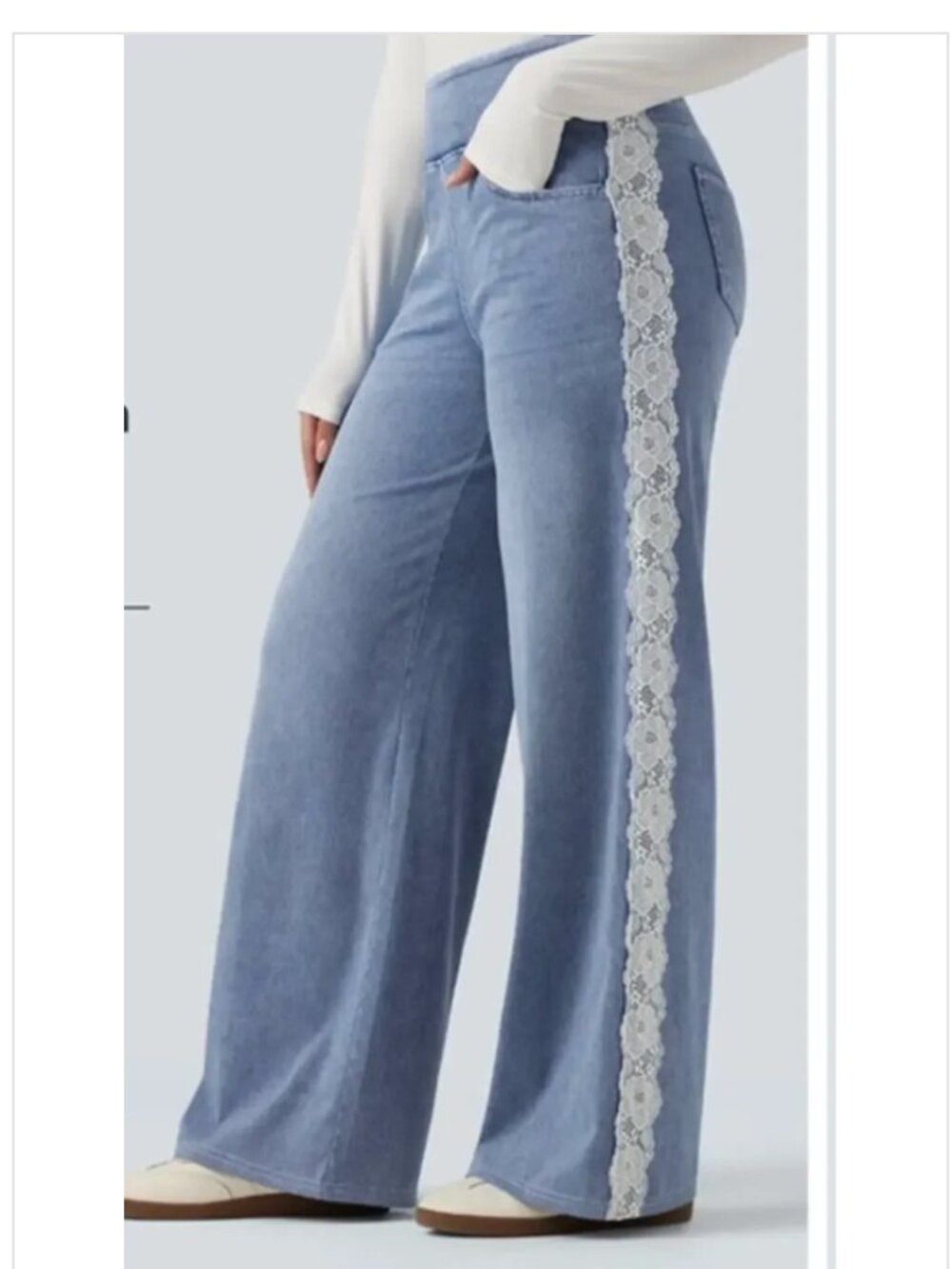 Halara Flex™ Jeans High Waisted Contrast Lace Wide Leg Casual Cotton NWT L